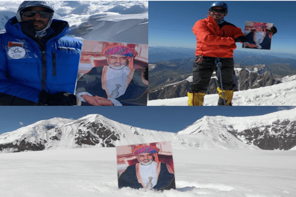 مغامر عماني يكرم السلطان قابوس بتسلق جبل جليدي ورفع صورته فوق القمة سليمان الناعبي و السلطان قابوس watanserb.com