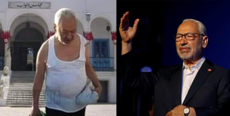 شاهد حقيقة صورة راشد الغنوشي بقميص داخلي أمام البرلمان التونسي صورة راشد الغنوشي بقميص داخلي مفبركة وغير حقيقية watanserb.com