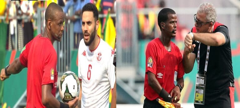 فضيحة تحكيمية في مباراة تونس ومالي في أمم أفريقيا .. شاهد ماذا حصل؟! الحكم الزامبي جاني سيكازوي الخطأ الفادح في مباراة تونس ومالي watanserb.com