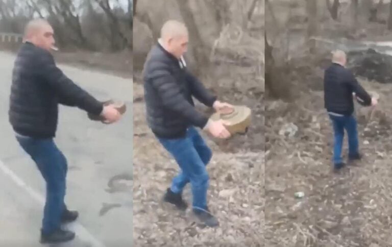 شجاعة لا تُصدّق .. أوكراني ينقل لغم مضاد للدبابات بيديه وهو يدخن سيجارة! (فيديو) أوكراني ينقل لغم مضاد للدبابات بيديه watanserb.com