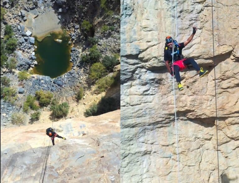 مغامر عماني ينزل الفالق الصخري العظيم في جبل شمس watanserb.com