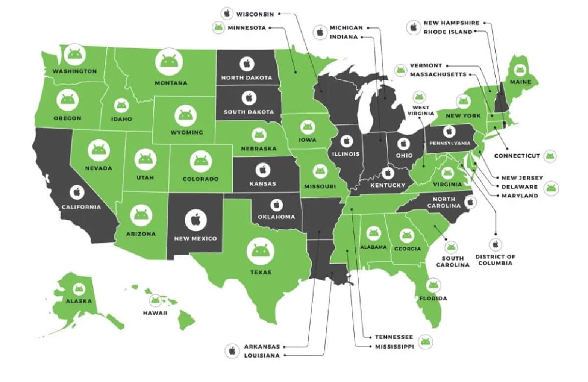 ظهر نظام أنرويد في 74 بلد (باللون الأخضر على الخريطة) من مجموع 142 دولة خضعت للدراسة