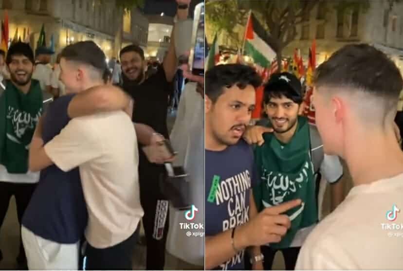 لحظة اعتناق مشجع أجنبي الإسلام في مونديال قطر واحتفاء مواطن سعودي به اعتناق أجنبي الإسلام watanserb.com