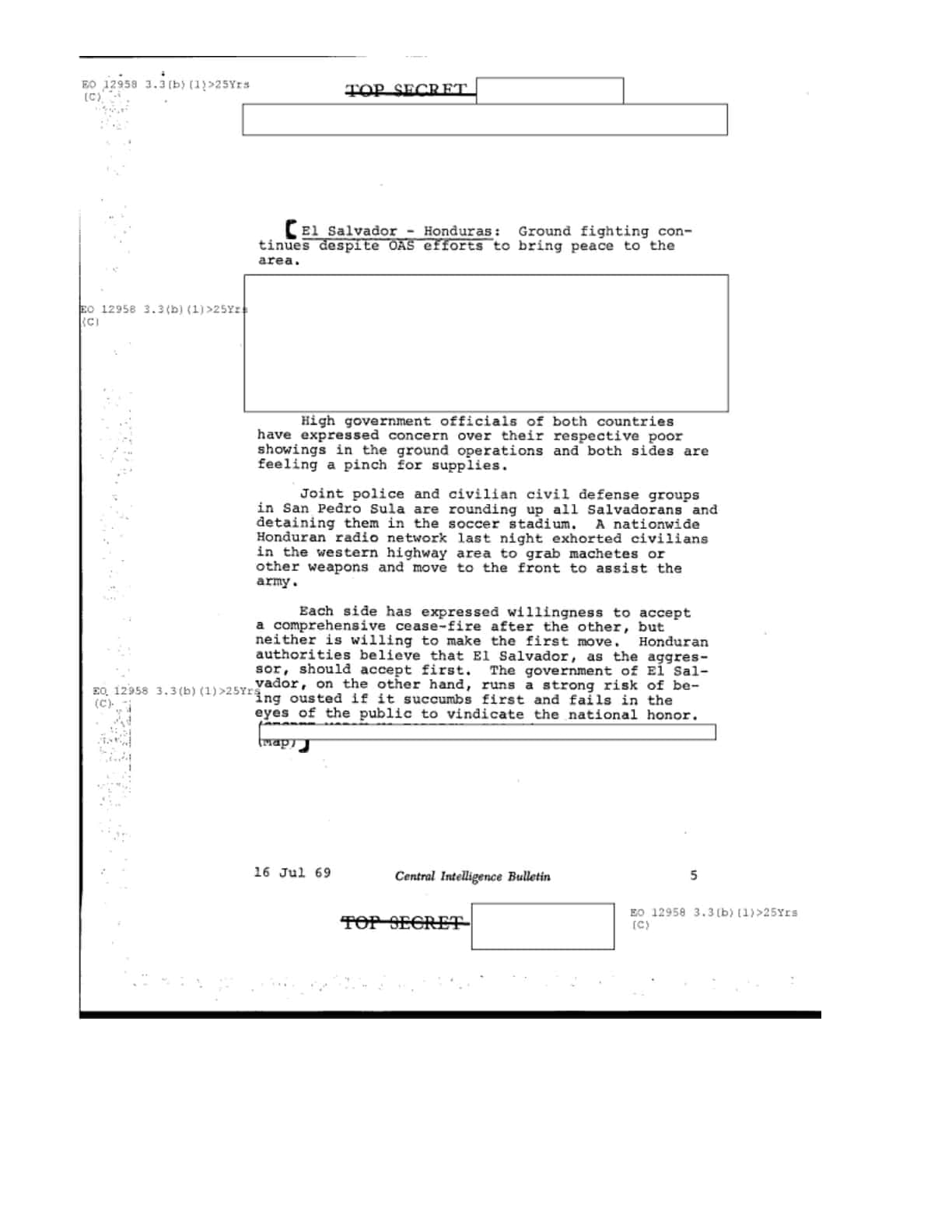 من تقرير للمخابرات الأمريكية عام ١٩٦٩ يتحدث عن نداء اذاعة هندوراس للشعب الهندوراسي بحمل مناجلهم وما يتمكنوا منه والالتحاق بالجبهة