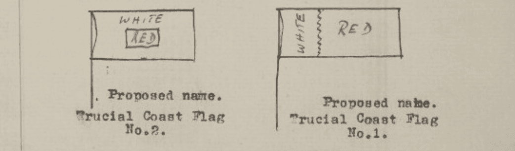 تصميم اعلام مقترحة ارسلها مكتب الهند التابع للتاج البريطاني لحكام الساحل للاختيار بينهما