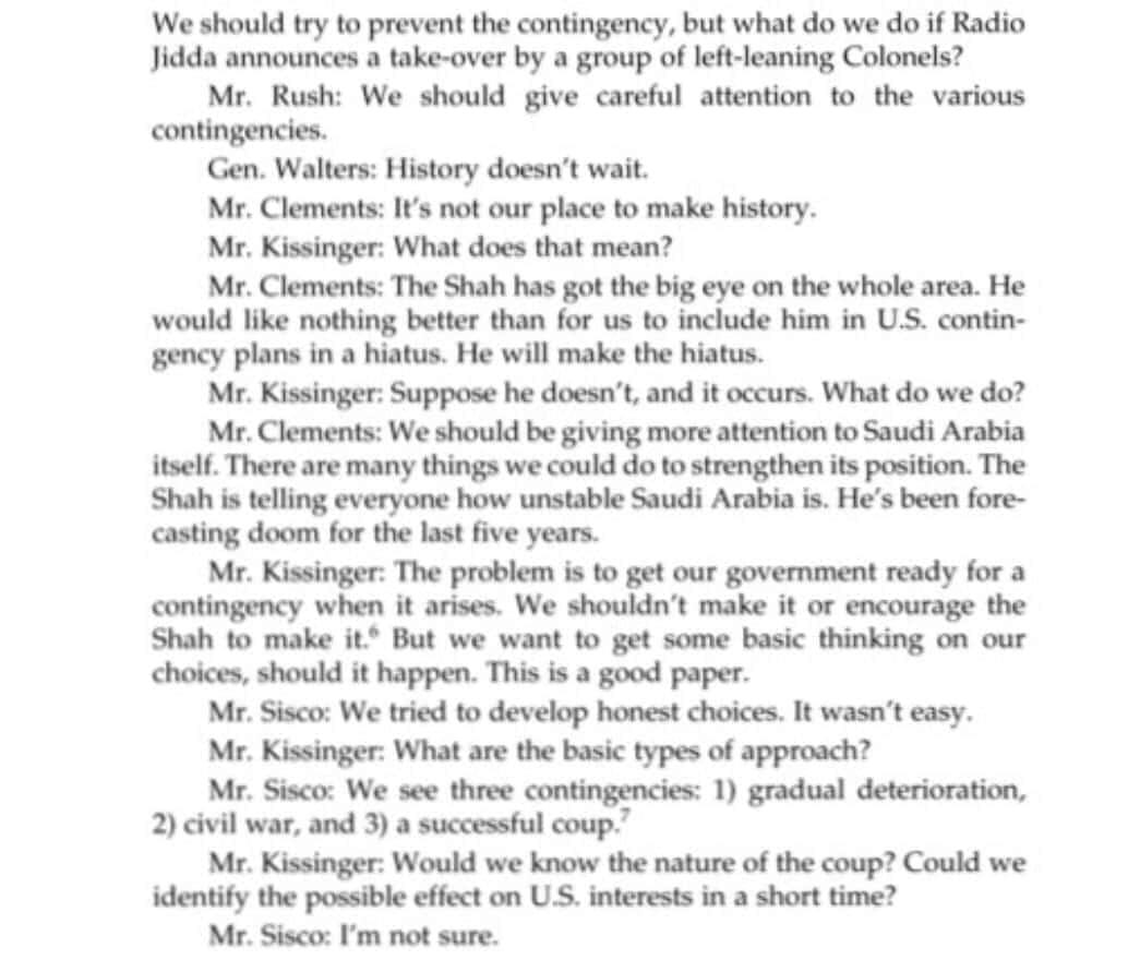 جزء من محادثات مخطط الطوارىء لاحتلال السعودية بين كيسنجر واعضاء في الحكومة قبل عرضه على شاه ايران (ملفات ان. اس. سي. صندوق ٦٠٣. الشرق الأوسط- ايران، المجلد الخامس. مايو- كانون الأول ١٩٧٣.