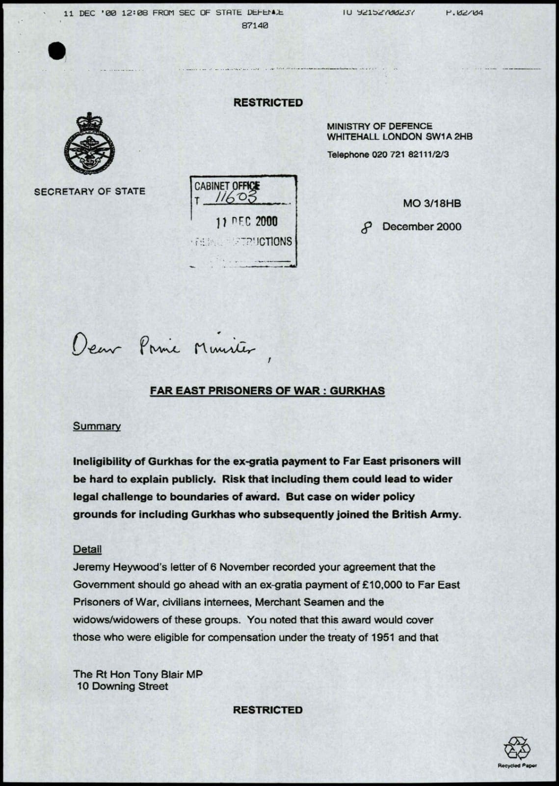 جيوفري هون وزير الدفاع البريطاني في عهد حكومة توني بلير يشرح له خوفه من ذكر اسباب عدم منح القوركا حقوقهم حتى لا ينبه أمثالهم ممن خدموا التاج البريطاني.(بريم ٤٩-١٩٩١)