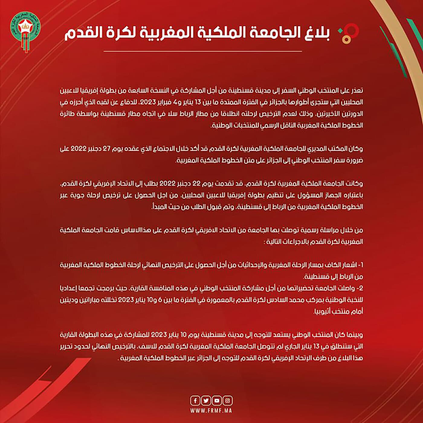 المنتخب المغربي ينسحب من شان 2023 