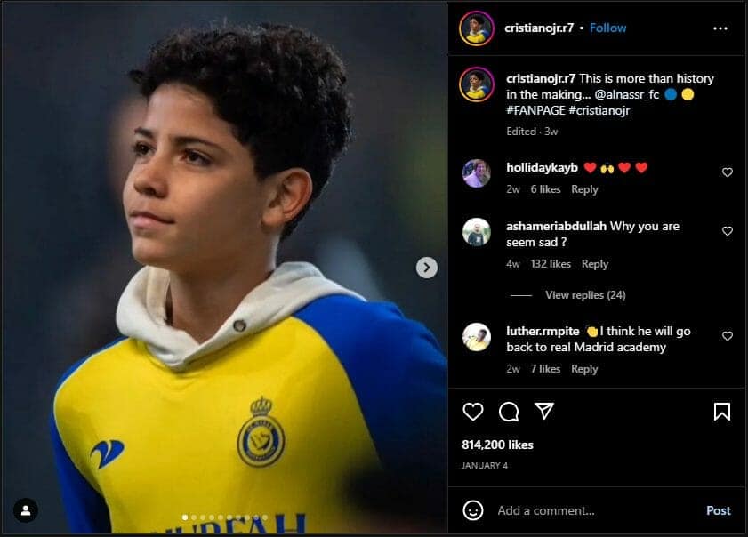 لعب الابن الأكبر للنجم البرتغالي كريستيانو رونالدو سابقًا في أكاديمية مانشستر يونايتد