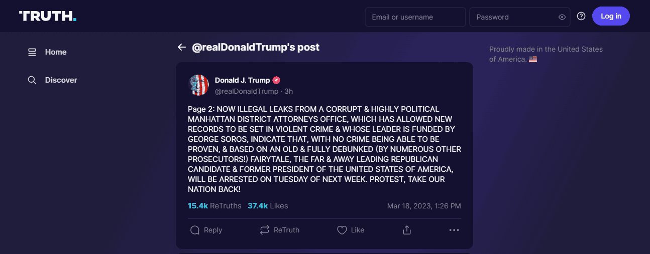 دونالد ترامب عبر حسابه الشخصي يقول إن محكمة مانهاتن ستعتقله يوم، الثلاثاء