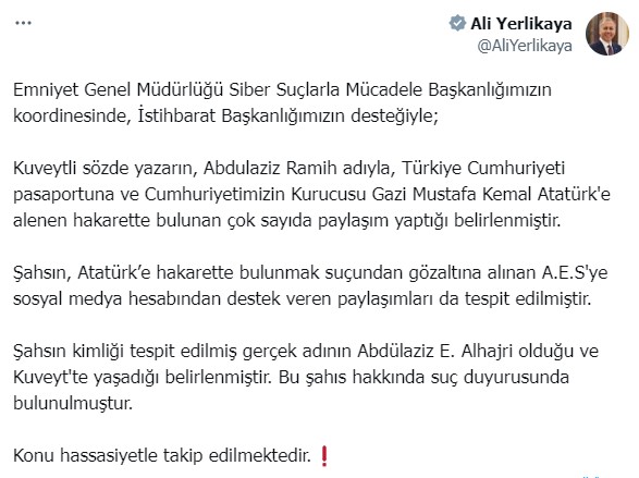 تقديم وزير الداخلية التركي علي يرلي قايا شكوى جنائية ضد رجل الأعمال الكويتي عبدالعزيز ضويحي