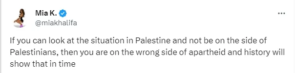ميا خليفة تتضامن مع فلسطين في تغريدة على تويتر