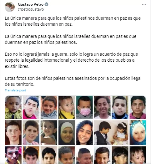 تغريدة الرئيس الكولومبي غوستافو بيترو حول استهداف الاحتلال الأطفال الفلسطينيين