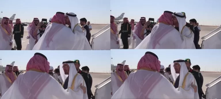 لحظة استقبال محمد بن سلمان لمحمد بن زايد في المطار