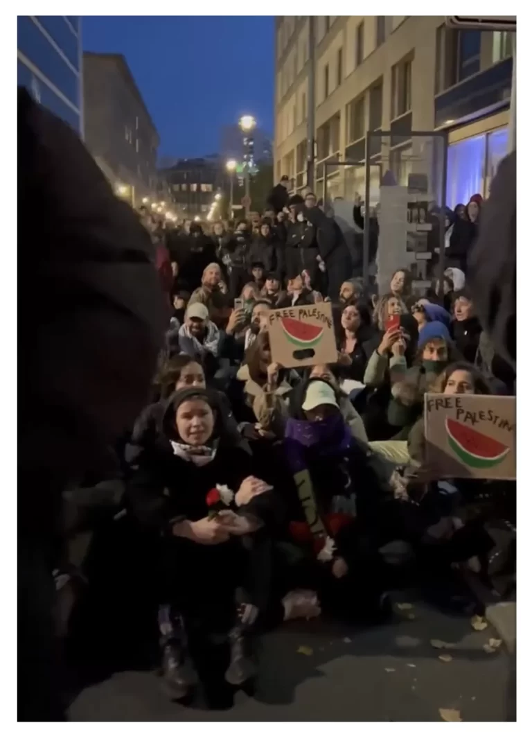 متظاهرون يحملون رسم بطيخ بألوان العلم الفلسطيني