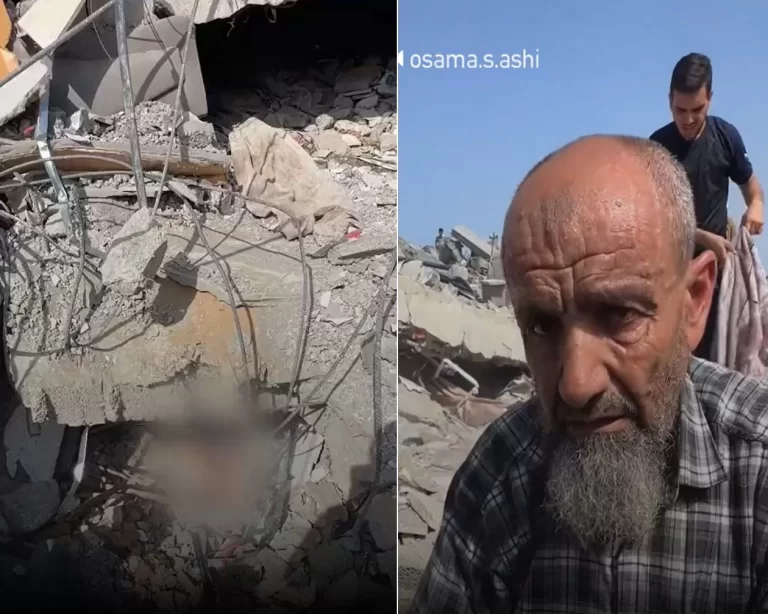 مسن فلسطيني يجلس مذهولاً أمام جثة شقيقه العالقة تحت الأنقاض مسن فلسطيني يقف عاجزا أمام جثة شقيقه تحت الأنقاض