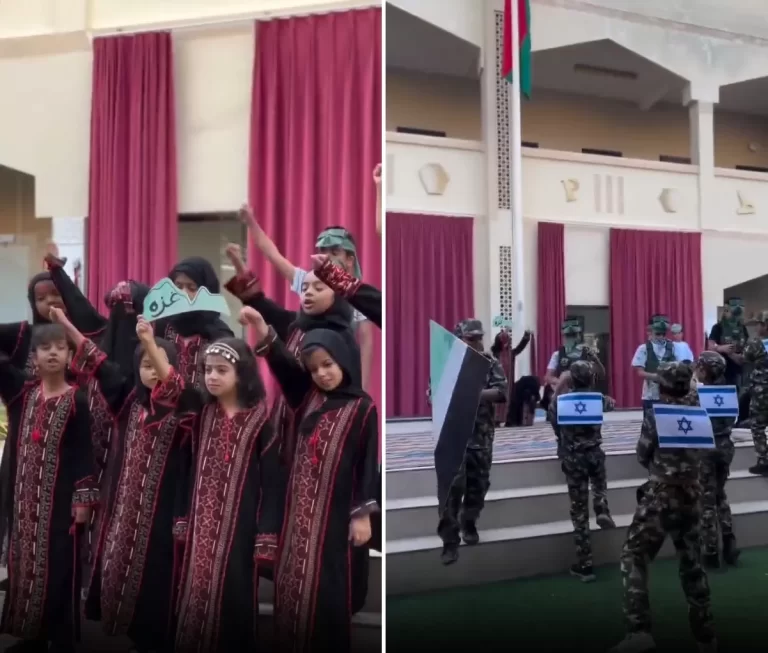 تلامذة عمانيون يحتفلون بالمقاومة الفلسطينية في أسكتش مسرحي بمدرسة الواحة أطفال عمانيون