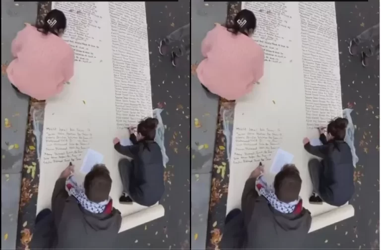 طلاب جامعة هارفارد يكتبون أسماء الشهداء الفلسطينيين في حرم الجامعة