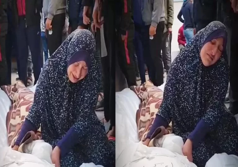 سيدة فلسطينية تودع زوجها الشهيد في غزة