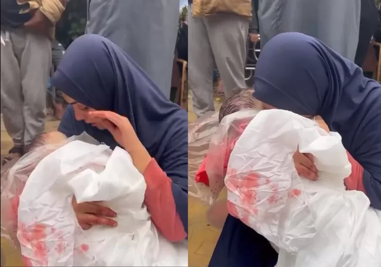 وداع سيدة فلسطينية لطفلها الشهيد بغزة