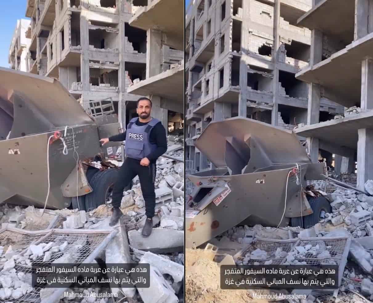 مشاهد لـ “عربة السيفور” التي دمّر بها الاحتلال عمارات مصرية في غزة عربة السيفور التي دمر بها الجيش الإسرائيلي عمارات مصرية في غزة