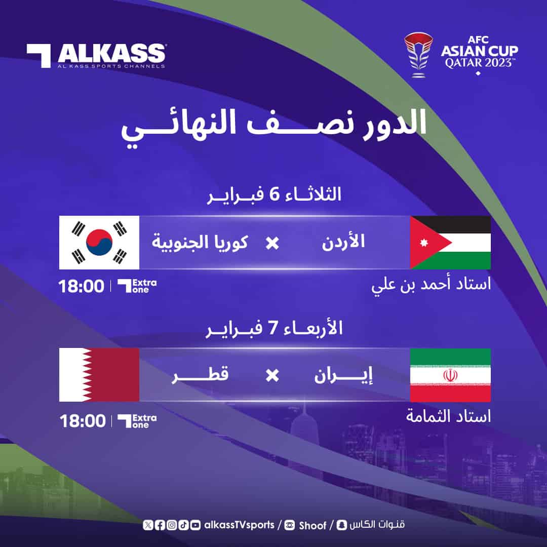 مواعيد دور نصف نهائي كأس آسيا 2023