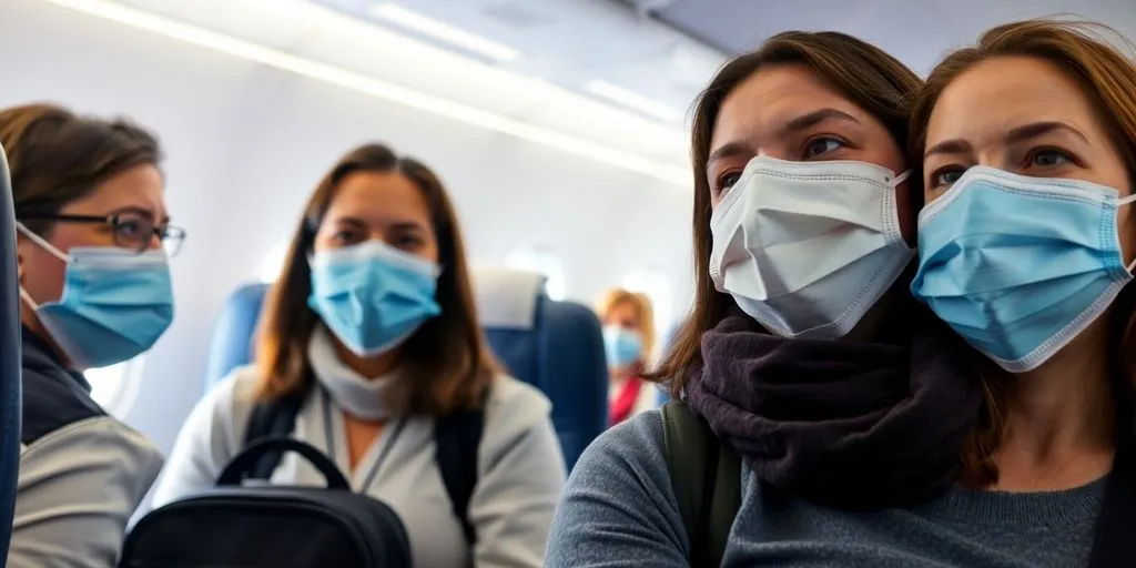 ركاب يرتدون كمامات داخل طائرة للوقاية من الحصبة.